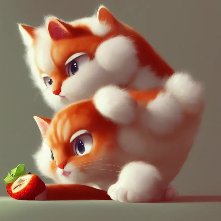 Image similar to Goro Fujita ilustration a very pretty baby cat, with fluffy white fur on top of fresh fruit, painting by Goro Fujita, sharp focus, highly detailed, ArtStation