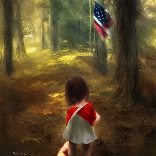 Image similar to child's hand holding a very tiny american flag in the forest, digital art by ruan jia and mandy jurgens and artgerm, highly detailed, trending on artstation, award winning