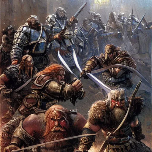 Image similar to Dwarven iron guard fighting a troll. lotr. Epic painting by james gurney.