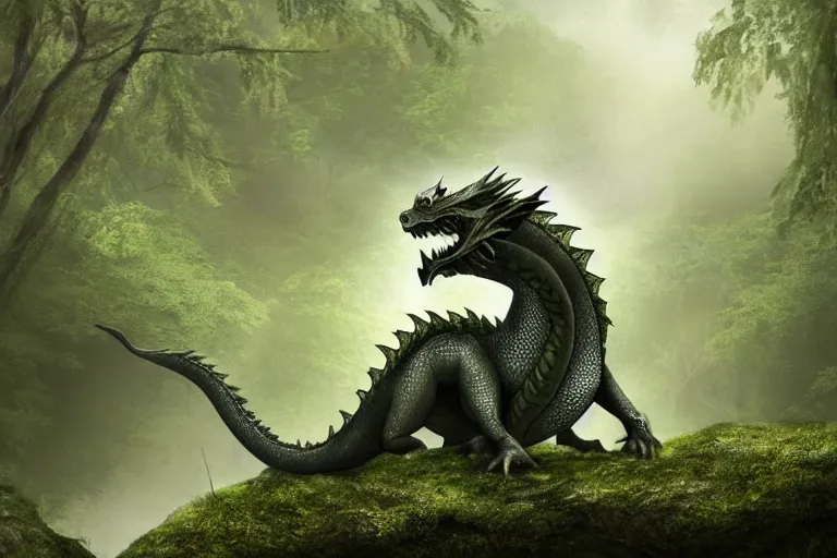 Image similar to peaceful dragon in a beautiful, misty forest, leaning over a steep hill, elongating its neck to sip water from the flowing, turbulent river, trending on artstation, intricately defined, complexly detailed, robustly ordinated, 4 k quality, digital art