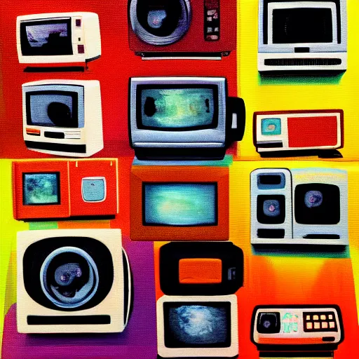 Image similar to array of crt televisions made out of fur, tv static, blob, antenna, stacked, polaroid, steroids, adult video store, impressionist painting, painting, acrylic painting, cell shaded