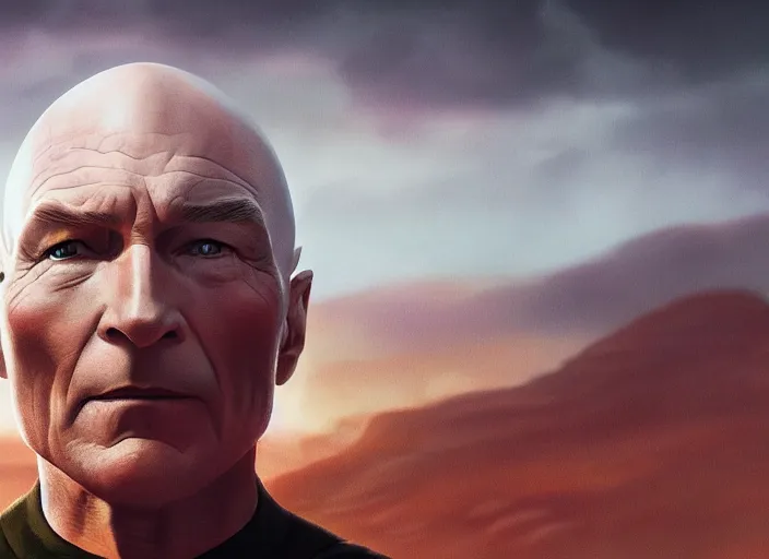 Prompt: close up cinematic artwork of captain picard staring down the enemy on the battlefield by Greg Rutkowski, 4k, masterpiece