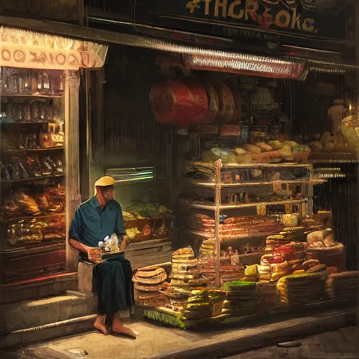 Image similar to a traditional provision shop in singapore at night, by greg rutkowski