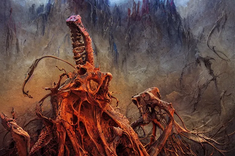 Prompt: prophecy, vivid colors, hallucination, amazing concept painting by Jessica Rossier and HR giger and Beksinski, the middle of a valley, it was full of bones, bones that were very dry, there was a noise, a rattling sound, and the bones came together, bone to bone , I looked, and tendons and flesh appeared on them and skin covered them, but there was no breath in them and breath entered them, they came to life and stood up on their feet a vast army