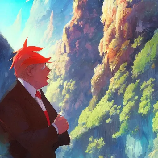 Prompt: Donald Trump traveling through a beautiful world, illustrated by Krenz Cushart and Hayao Miyazaki, masterpiece, vibrant colors, trending on artstation