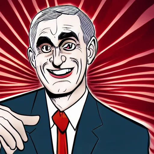 Image similar to graphic novel illustration of secretary of denis mcdonough, glowing eyes, evil laugh, menacing, villain, clean lines, trending on artstation