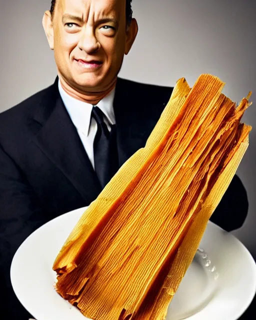 Image similar to tom hanks as a tamale, human face made out of a tamale, tom hanks with the texture of a tamale, professional food photography