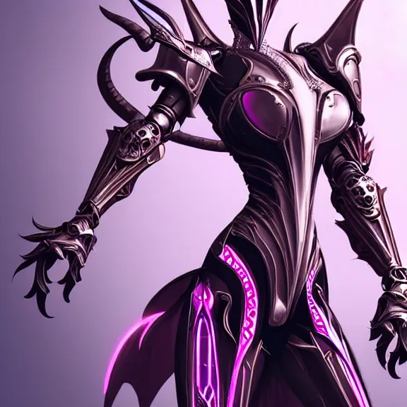 Image similar to highly detailed exquisite fanart, of a beautiful female warframe, but as an anthropomorphic elegant robot dragon, shiny white silver plated armor engraved, robot dragon head, Fuchsia skin beneath the armor, sharp claws, long tail, robot dragon hands and feet, two arms and legs, elegant pose, close-up shot, full body shot, epic cinematic shot, professional digital art, high end digital art, singular, realistic, DeviantArt, artstation, Furaffinity, 8k HD render, epic lighting, depth of field