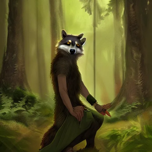 Image similar to a woodland druid in a forest with a wolf bird and racoon, photorealistic, in the style of greg rutkowski, digital painting