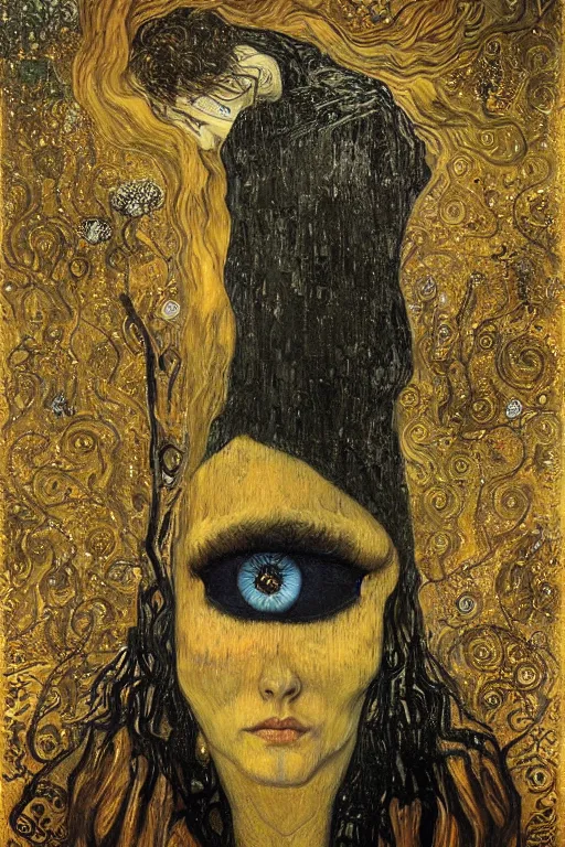 Prompt: The Mourner's Hood by Karol Bak, Jean Deville, Gustav Klimt, and Vincent Van Gogh, mystic eye, otherworldly, portrait of a weeping hooded faceless figure, shroud, dark drapery, shadowy ghosts, ghost whirlwind, tears, crying, fractal structures, arcane, inferno, inscribed runes, infernal relics, ornate gilded medieval icon, third eye, spirals