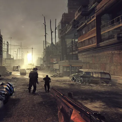 Prompt: Postapocalyptic city with people with old fashion guns in gas masks, game screenshot