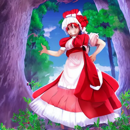 Image similar to a medibang of reimu in the jungle wearing bonnet