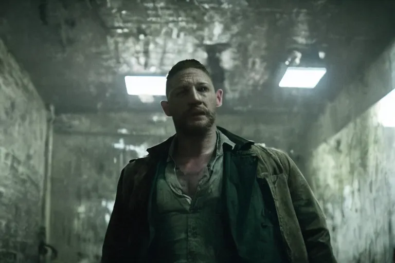 Image similar to film still of Tom Hardy as Max Payne in a creepy funhouse in the Max Payne movie, 4k