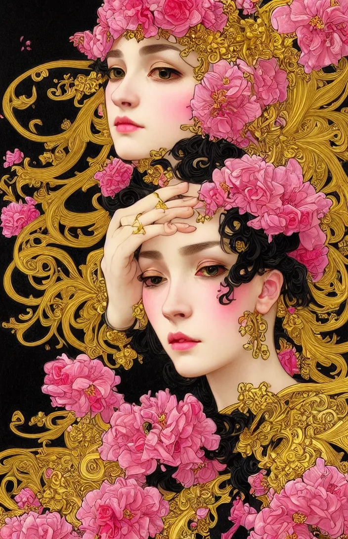 Image similar to beautiful black pink yellow, complicated gold and pink flowers in baroque style headwears, dark fantasy, intricate, elegant, highly detailed, digital painting, artstation, concept art, matte, 3 d 8 k octane rendered, sharp focus, illustration, octane rendered, art by artgerm and alphonse mucha, leesha hannigan