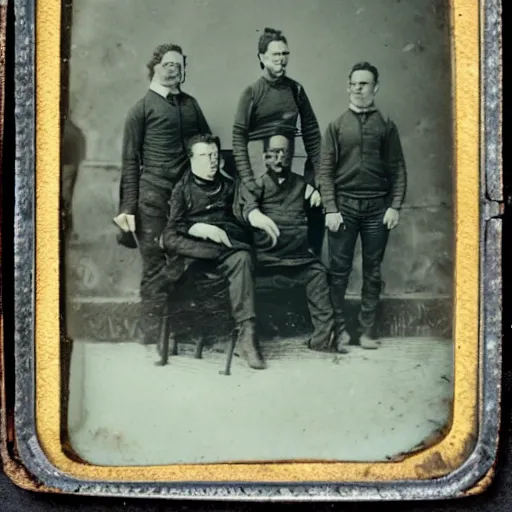 Prompt: a tintype photo of the crew of an 1800's whaling ship