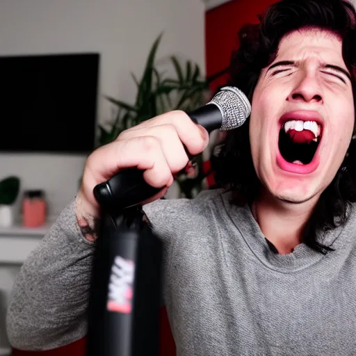 Image similar to a youtuber screaming into the microphone, having a mental breakdown