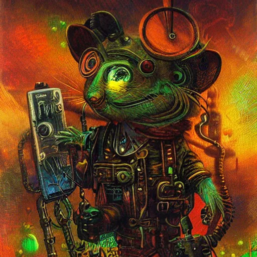 Image similar to steampunk rat, acid, 303, psychedelic, by paul lehr