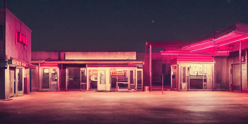 Image similar to an empty parking lout outside an abandoned retro diner at night, by lee madgwick, pink and orange neon lights, highly detailed, photorealistic, artstation trending, cryengine 8 k uhd