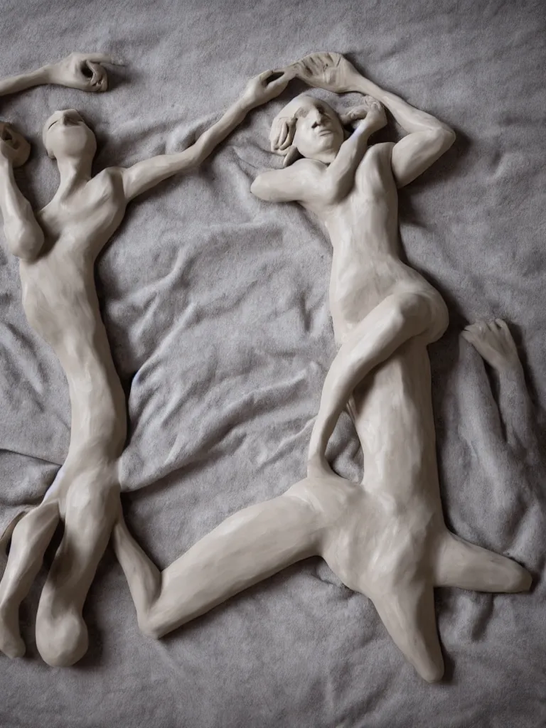 Image similar to woman made of clay on a bed
