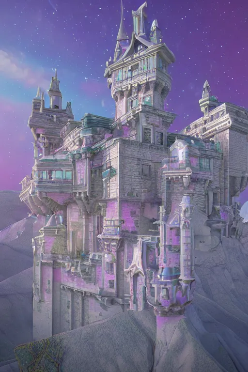 Image similar to multi level baroque castle in space, calm, tranquil, faded effect, detailed, vaporwave colors, render by substance designer