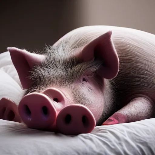 Image similar to hyper realistic image of a pig sleeping in his bed it night