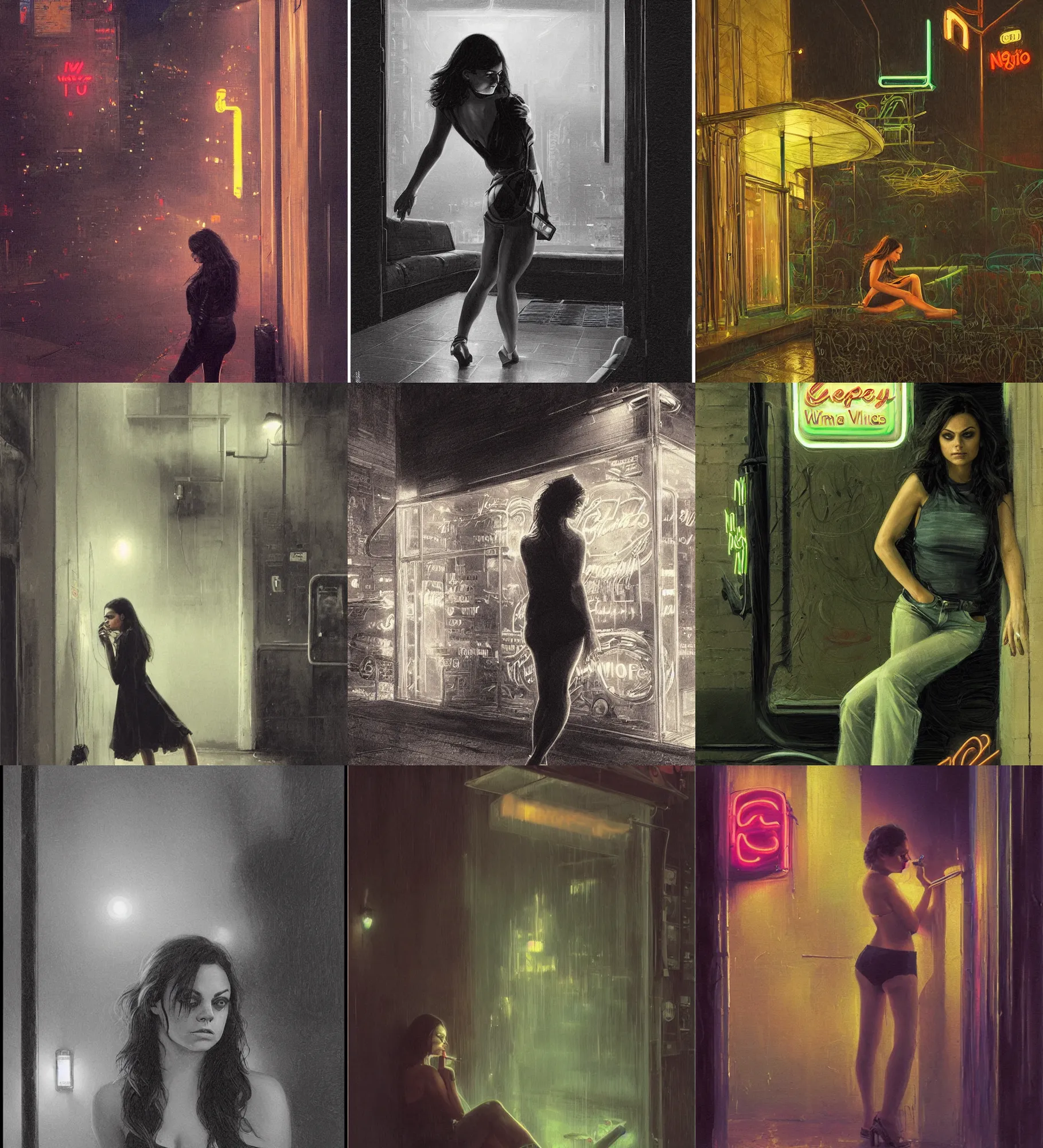 Prompt: foggy neon night, mila kunis leaning back against a wall smoking a cigarette outside a neon lit entrance, 1 9 7 0 s, intricate, moody, tasteful, intimate, highly detailed, short focus depth, artgerm, donato giancola, joseph christian leyendecker