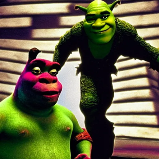 Image similar to a photographic still of Shrek in The Matrix as Neo