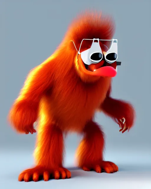 Image similar to 3 d render of completely red hairy friendly antropomorphic creature wearing chrome shades, without nose, grinning, full body, standing on 2 feet, in the style of pixar, white background, unreal engine 5, octane render, highly detailed hdr