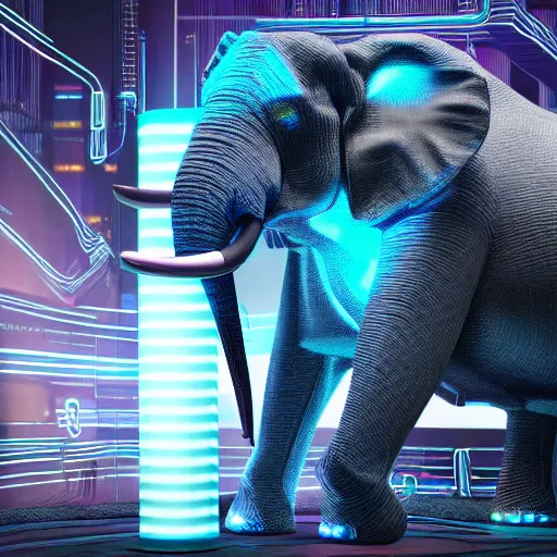 Image similar to hyper realistic cybertronic elephant. high details. complex mechanical body. blue led. cyberpunk style, intricate, trending on art station, 8 k render.