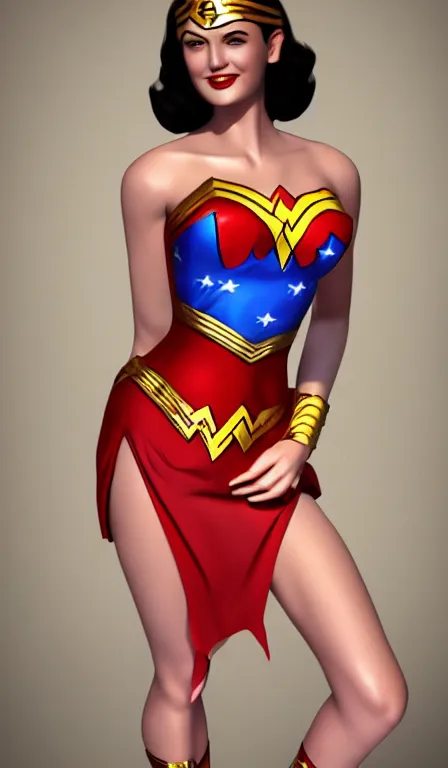 Image similar to digital art, portrait of teenage Wonder Woman, double split halter open thigh ripped dress, smiling, in the style of 1950s pinups by Warren Louw, realistic, ultra detailed, unreal engine, octane render, 8k resolution