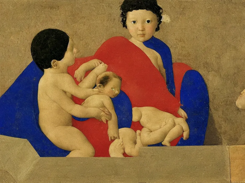 Image similar to close up of baby in a box. lapis lazuli, malachite, cinnabar, gold. painting by piero della francesca, balthus, agnes pelton