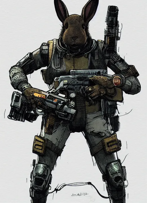Image similar to mr rabbit dressed in combat gear. cyberpunk rabbit mercenary in tactical gear and jumpsuit. portrait by stonehouse and mœbius and will eisner and gil elvgren and pixar. realistic proportions. dystopian. cyberpunk 2 0 7 7, apex, blade runner 2 0 4 9 concept art. cel shading. attractive face. thick lines.