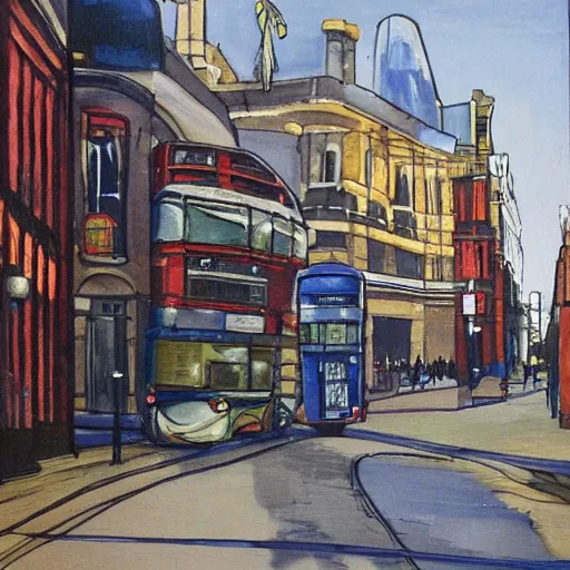 Prompt: streetscape of London, art by Carlo Stanga