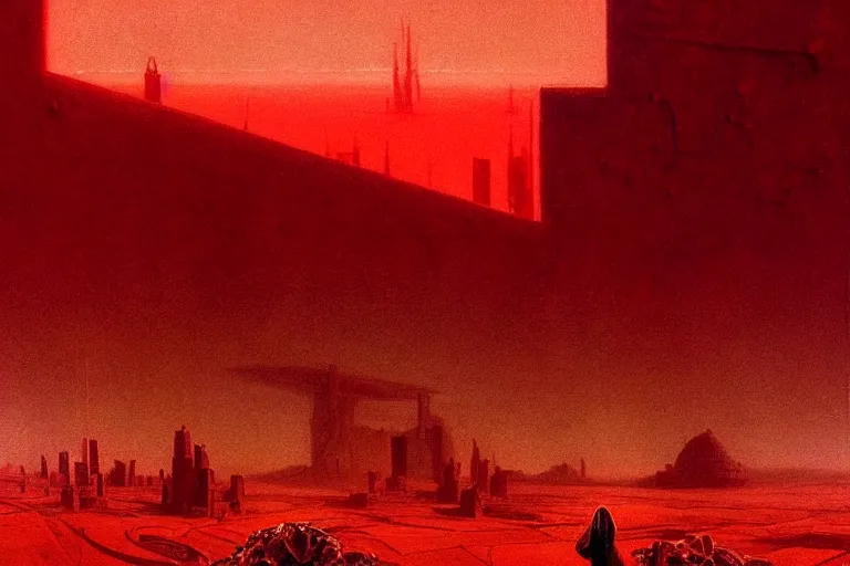 Image similar to only with red, a red god of death eat apple, a futuristic city on mars in background, floor are worms, in the style of beksinski, part by hopper, part by rodcenko, part by hofbauer, intricate composition, red by caravaggio, insanely quality, highly detailed, masterpiece, red light, artstation