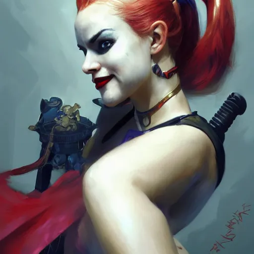 Image similar to portrait of Harley Quinn in bikini armor, dc comics, cyberpunk, Warhammer 40000, dark fantasy, digital art from artstation by Ruan Jia and Mandy Jurgens and Artgerm and william-adolphe bouguereau