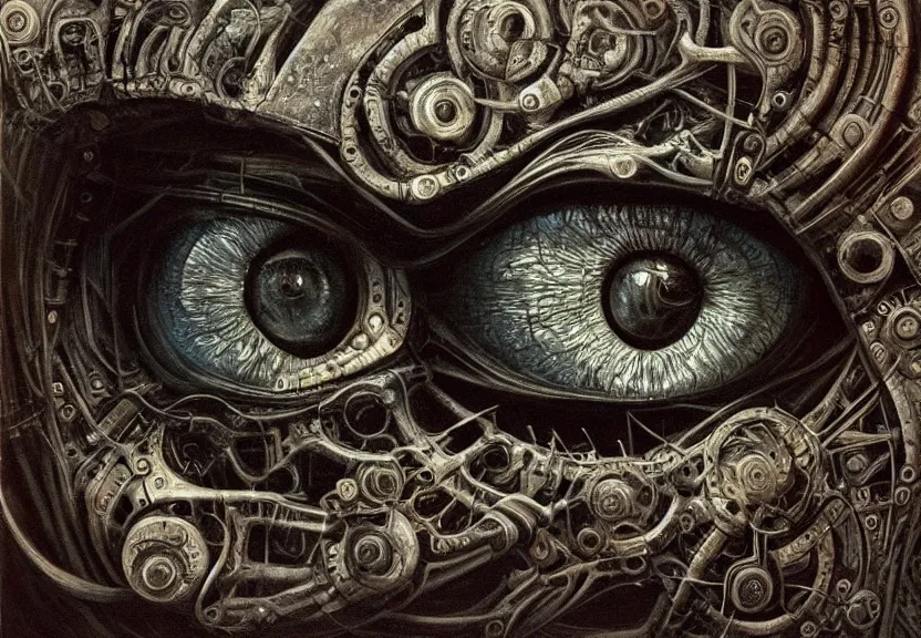 Prompt: biomechanical eye, symmetrical, concept art, intricate detail, volumetric shadows and lighting, realistic oil painting by h. r giger,