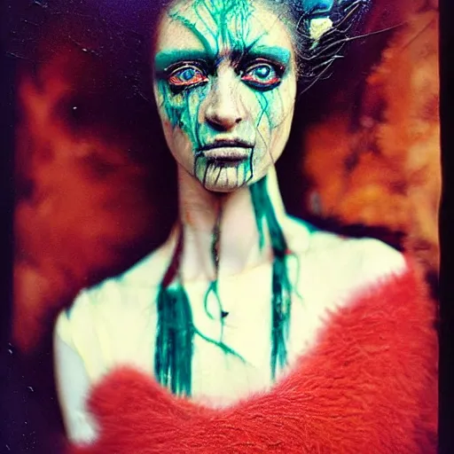 Image similar to kodak portra 4 0 0, wetplate, photo of a surreal artsy dream scene,, weird fashion, in the nature, highly detailed face, very beautiful model, portrait, expressive eyes, extravagant dress, carneval, animal, wtf, photographed by paolo roversi style and julia hetta