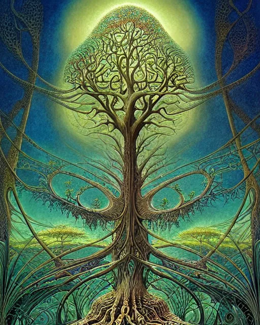 Image similar to tree of life by roger dean and andrew ferez, art forms of nature by ernst haeckel, divine chaos engine, symbolist, visionary, art nouveau, botanical fractal structures, organic, detailed, realistic, surreality