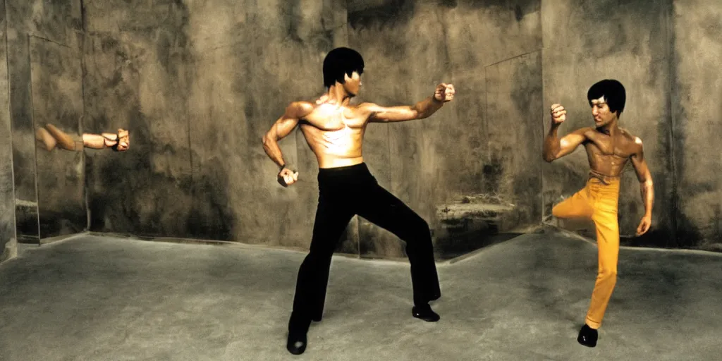 Prompt: bruce lee holding his nunchucks in a hall of mirrors, hyperreal, in the style of enter the dragon