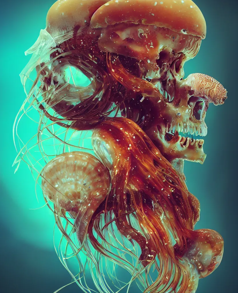 Image similar to goddess close-up portrait animal skull. jellyfish phoenix head, nautilus, orchid, skull, betta fish, bioluminiscent creatures, intricate artwork by Tooth Wu and wlop and beeple. octane render, trending on artstation, greg rutkowski very coherent symmetrical artwork. cinematic, hyper realism, high detail, octane render, 8k