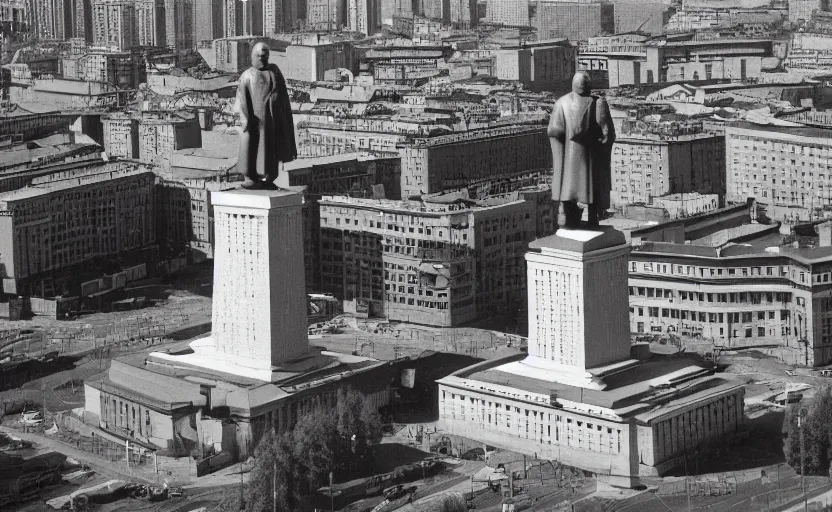 Image similar to high quality 2000s historic footage of a soviet square with a great lenin statue with stanilist style high rise and pedestrians, color aerial photo drone, Cinestill 800t, heavy grainy picture, very detailed, high quality, 4k panoramic