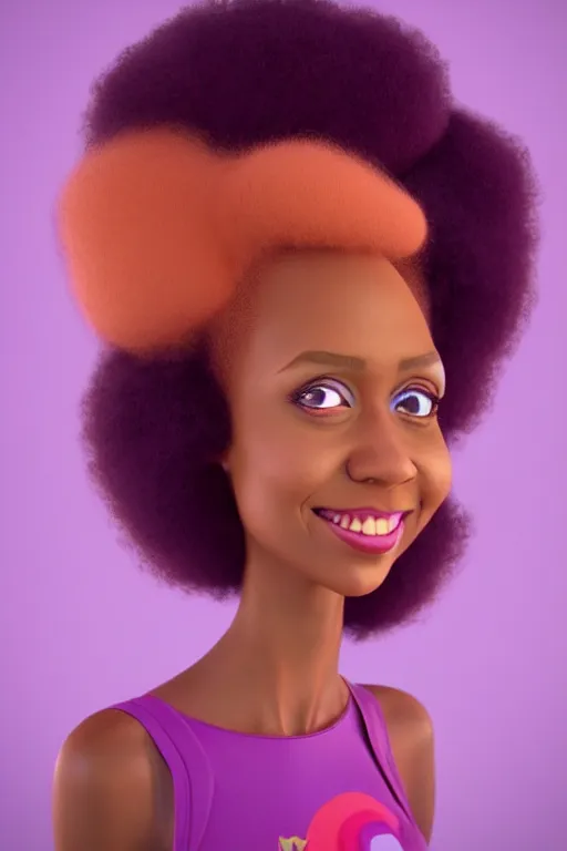 Image similar to a centered caricature render of a cute cool afro disco girl from the seventies, by dreamworks, by pixar, by viktoria gavrilenko, by leticia gillett, by lois van baarle, perfect face, 3 d, 8 k