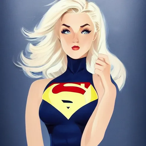 Image similar to a beautiful pin - up portrait of a beautiful cute superhero woman, blonde hair, matte navy - blue bodysuit, white cape, intricate, elegant, 8 k, highly detailed, digital painting, concept art, smooth, sharp focus, illustration, anime style