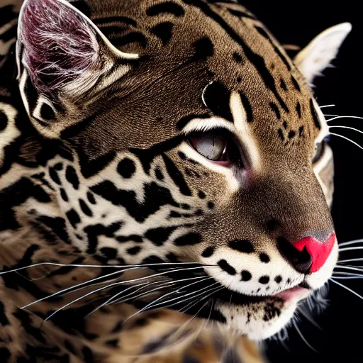 Prompt: profile shot of a black and red ocelot with black background, strong bokeh, dramatic, cinematic, high contrast, octane render, 4k