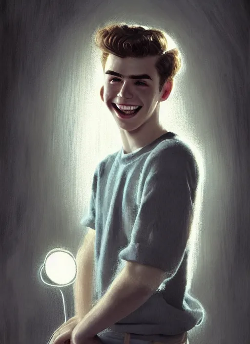 Image similar to portrait of teenage archie andrews, freckles, curly middle part haircut, curly hair, smiling kindly, friendly, 1 9 5 0 s, intricate, elegant, glowing lights, highly detailed, digital painting, artstation, concept art, smooth, sharp focus, illustration, art by wlop, mars ravelo and greg rutkowski