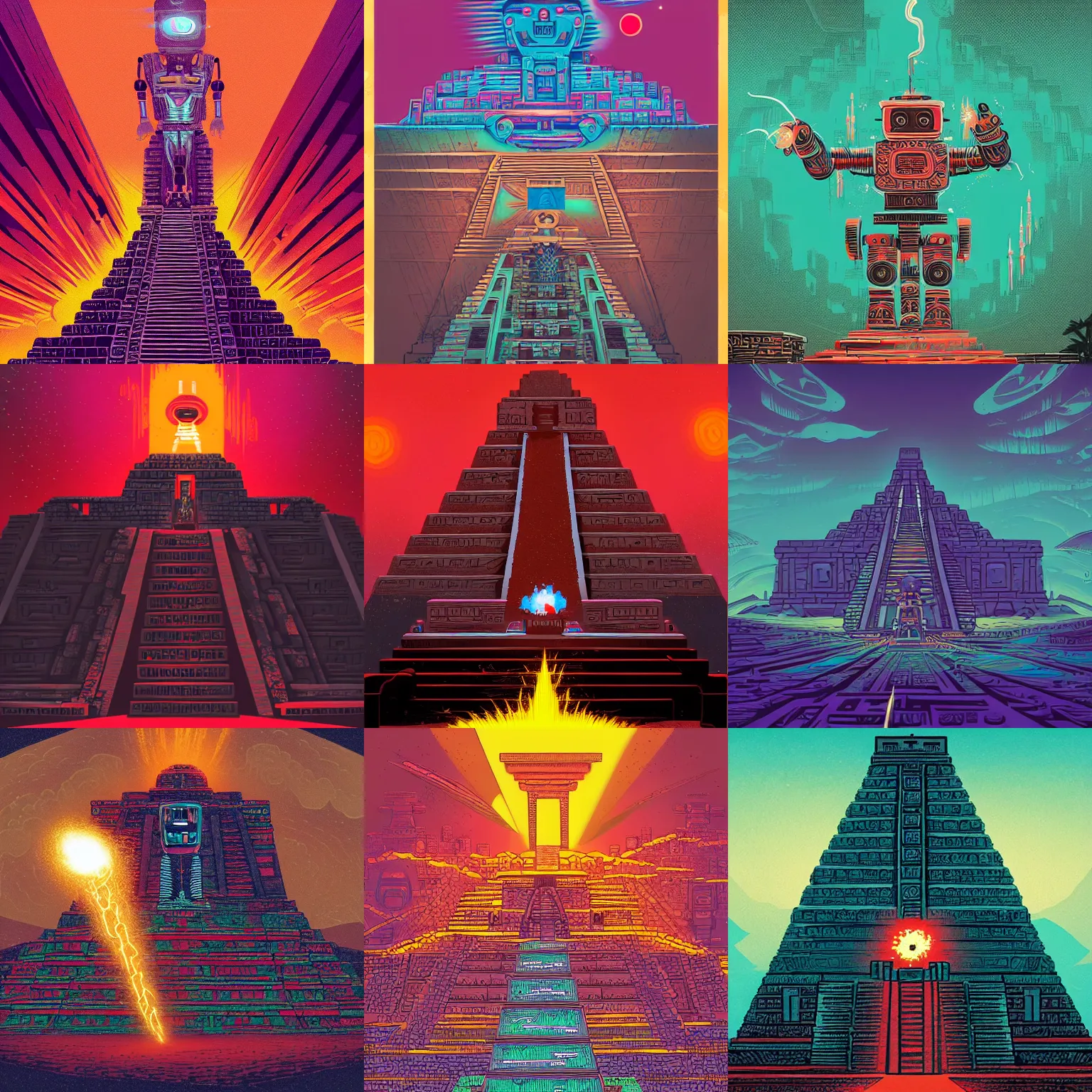 Prompt: a robot exploding in an aztec temple in the style of kilian eng