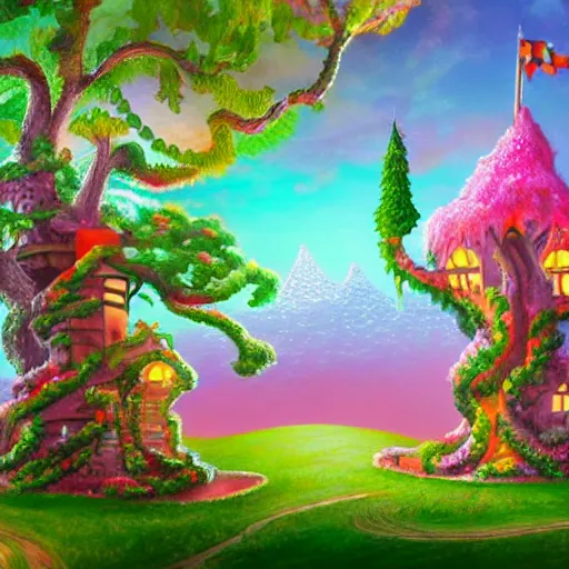 Prompt: fancy treehouse style mansion made of candy in fantasy landscape with ice cream mountains and candy trees, detailed luminescent oil painting 4 k