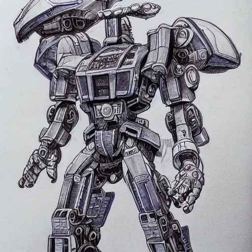 Image similar to an intricate ballpoint drawing of a giant anime robot