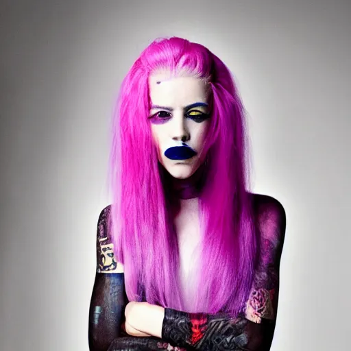 Image similar to a portrait of star st. germain with pink hair, purple eyebrows, and a septum ring, editorial fashion photography