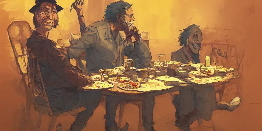 Prompt: cartoonish neil young eating dinner, vivid colors, character sheet, fine details, concept design, contrast, kim jung gi, greg rutkowski, trending on artstation, 8 k, full body, turnaround, front view, back view, ultra wide angle